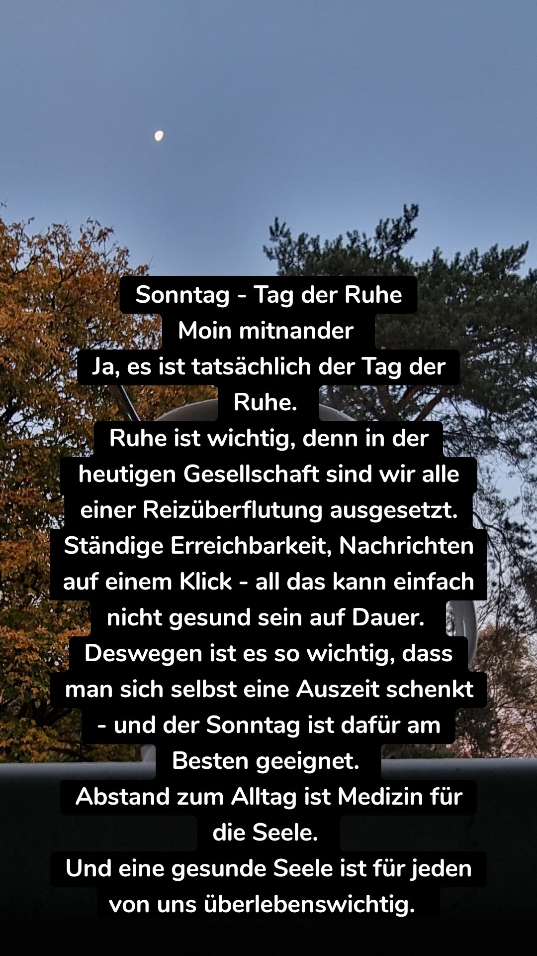 Sonntag - Tag der Ruhe
Moin mitnander 
Ja, es ist tatsächlich der Tag der Ruhe. 
Ruhe ist wichtig, denn in der heutigen Gesellschaft sind wir alle  einer Reizüberflutung ausgesetzt.
Ständige Erreichbarkeit, Nachrichten auf einem Klick - all das kann einfach nicht gesund sein auf Dauer. 
Deswegen ist es so wichtig, dass man sich selbst eine Auszeit schenkt - und der Sonntag ist dafür am Besten geeignet. 
Abstand zum Alltag ist Medizin für die Seele. 
Und eine gesunde Seele ist für jeden von uns überlebenswichtig.  
