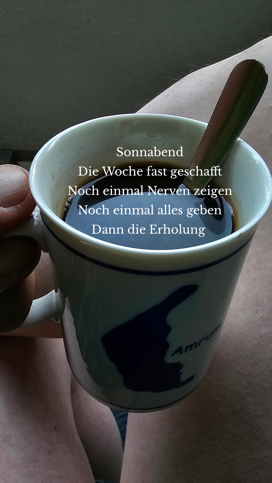 Sonnabend
Die Woche fast geschafft
Noch einmal Nerven zeigen
Noch einmal alles geben
Dann die Erholung 
