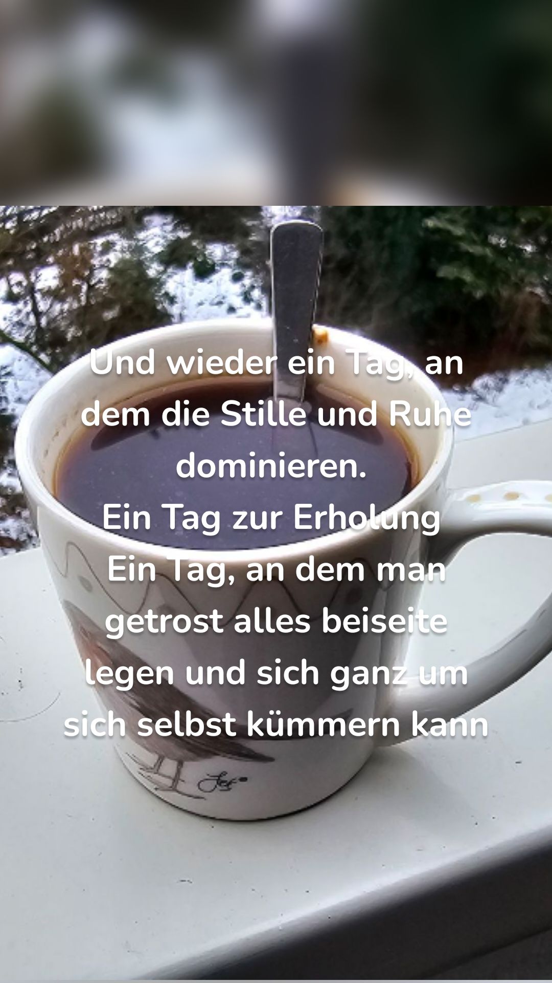 Und wieder ein Tag, an dem die Stille und Ruhe dominieren. 
Ein Tag zur Erholung 
Ein Tag, an dem man getrost alles beiseite legen und sich ganz um sich selbst kümmern kann

